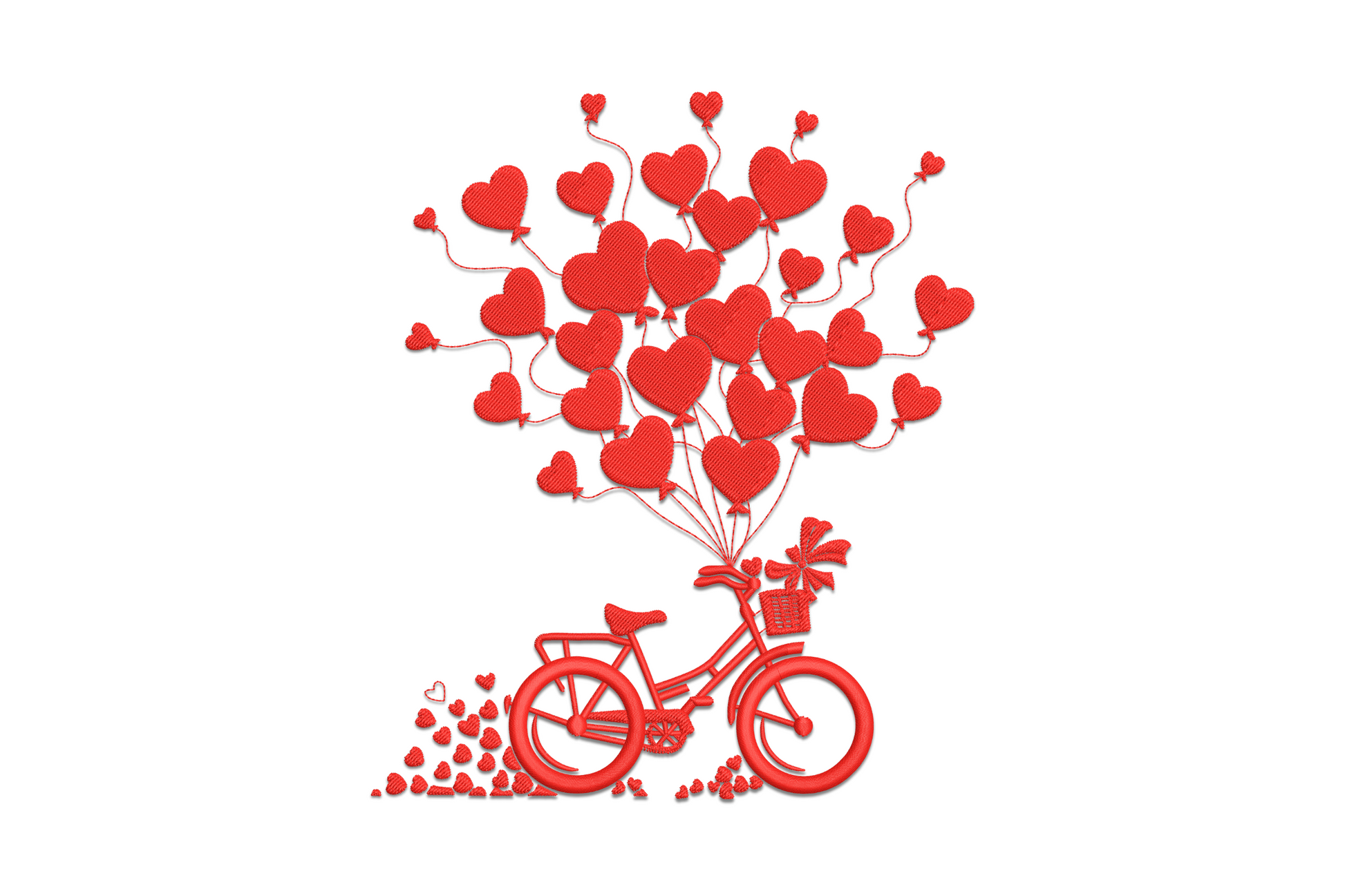 Heart balloon bicycle embroidery design, single-colour line art with balloon cluster at handlebars, side-profile style