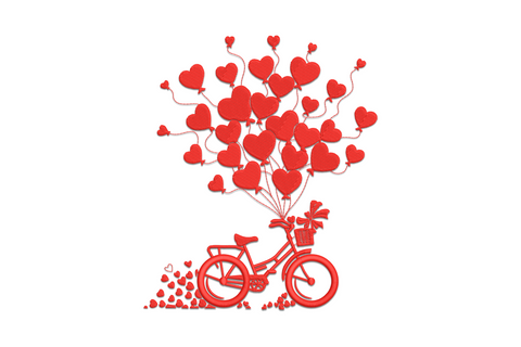 Heart balloon bicycle embroidery design, single-colour line art with balloon cluster at handlebars, side-profile style