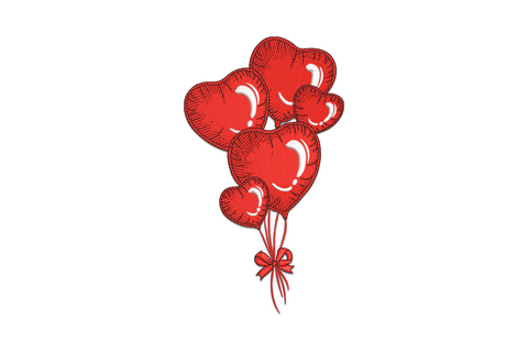 Heart balloon bouquet embroidery design with 4 satin-fill heart balloons on curling strings in pink and red, 5 sizes 3.51 to 7.51 inches