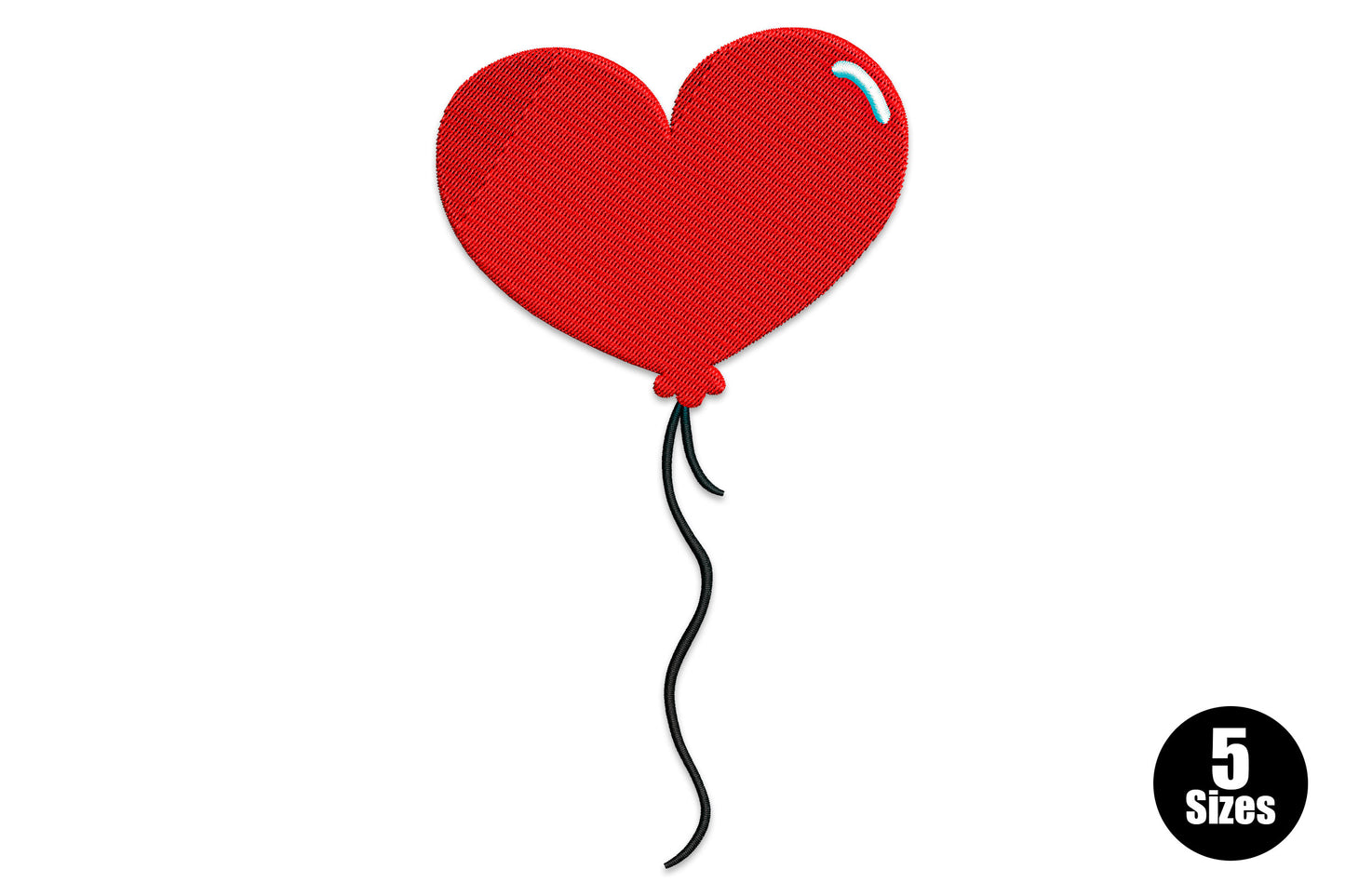 Heart balloon machine embroidery design with ribbon tie in red and white, romantic valentine style, 5 sizes 2262 to 9496 stitches