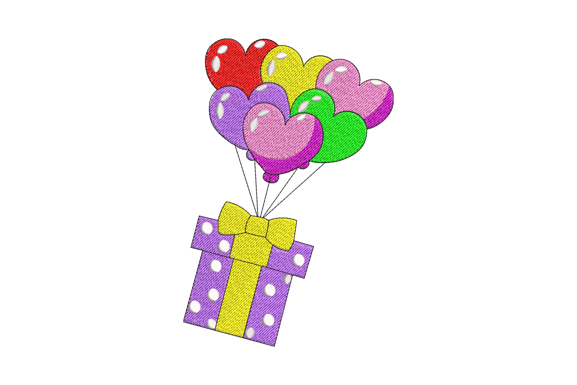 Heart balloon and gift box embroidery design with cream box, gold ribbon bow, and scarlet heart balloon on string.