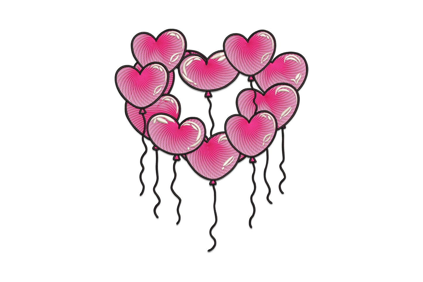 Machine embroidery design of nine pink heart-shaped balloons with radiating fill stitches arranged in a wreath circle with curling strings, outlined in dark thread