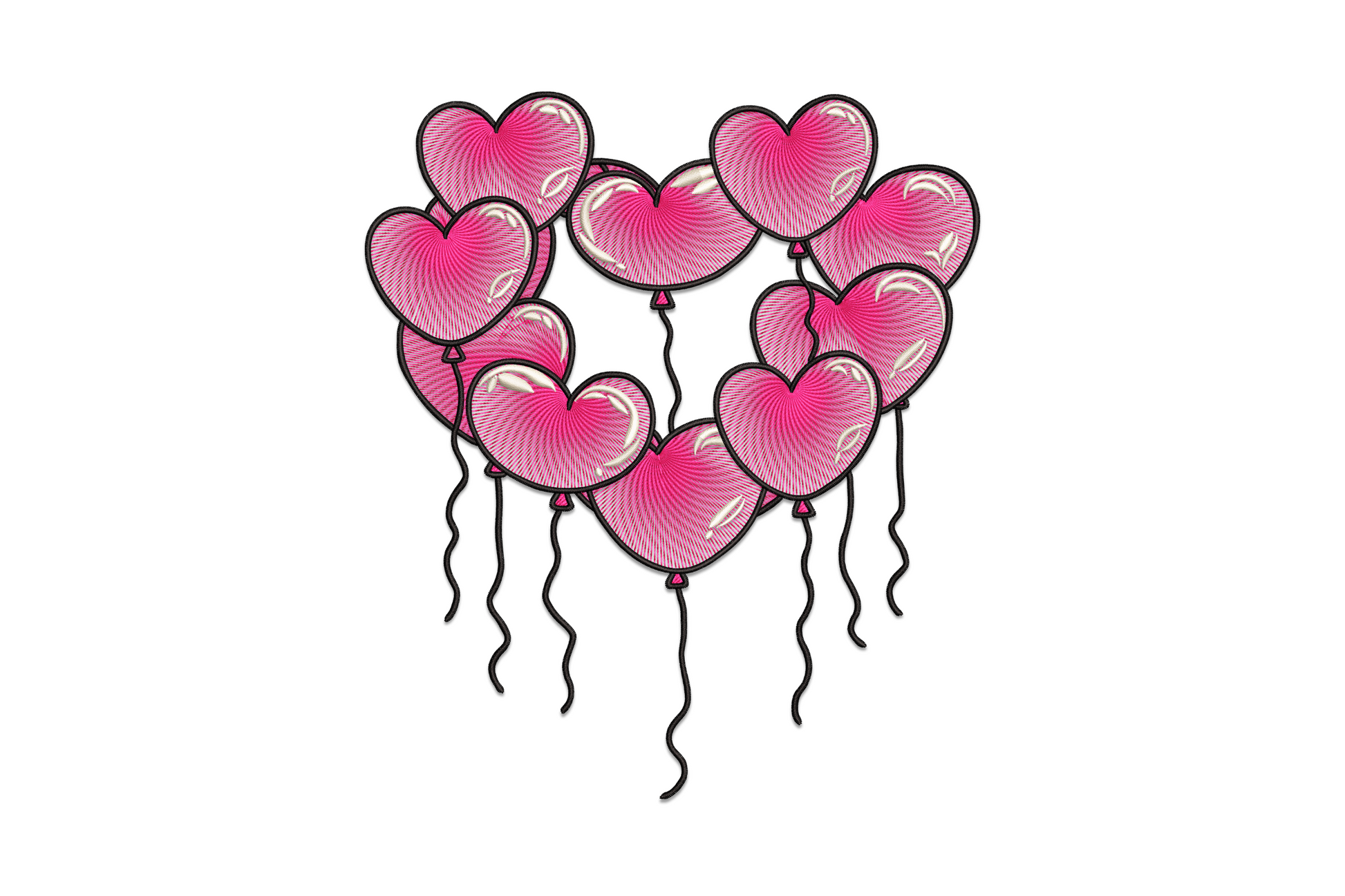 Machine embroidery design of nine pink heart-shaped balloons with radiating fill stitches arranged in a wreath circle with curling strings, outlined in dark thread
