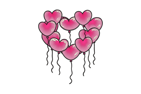 Machine embroidery design of nine pink heart-shaped balloons with radiating fill stitches arranged in a wreath circle with curling strings, outlined in dark thread