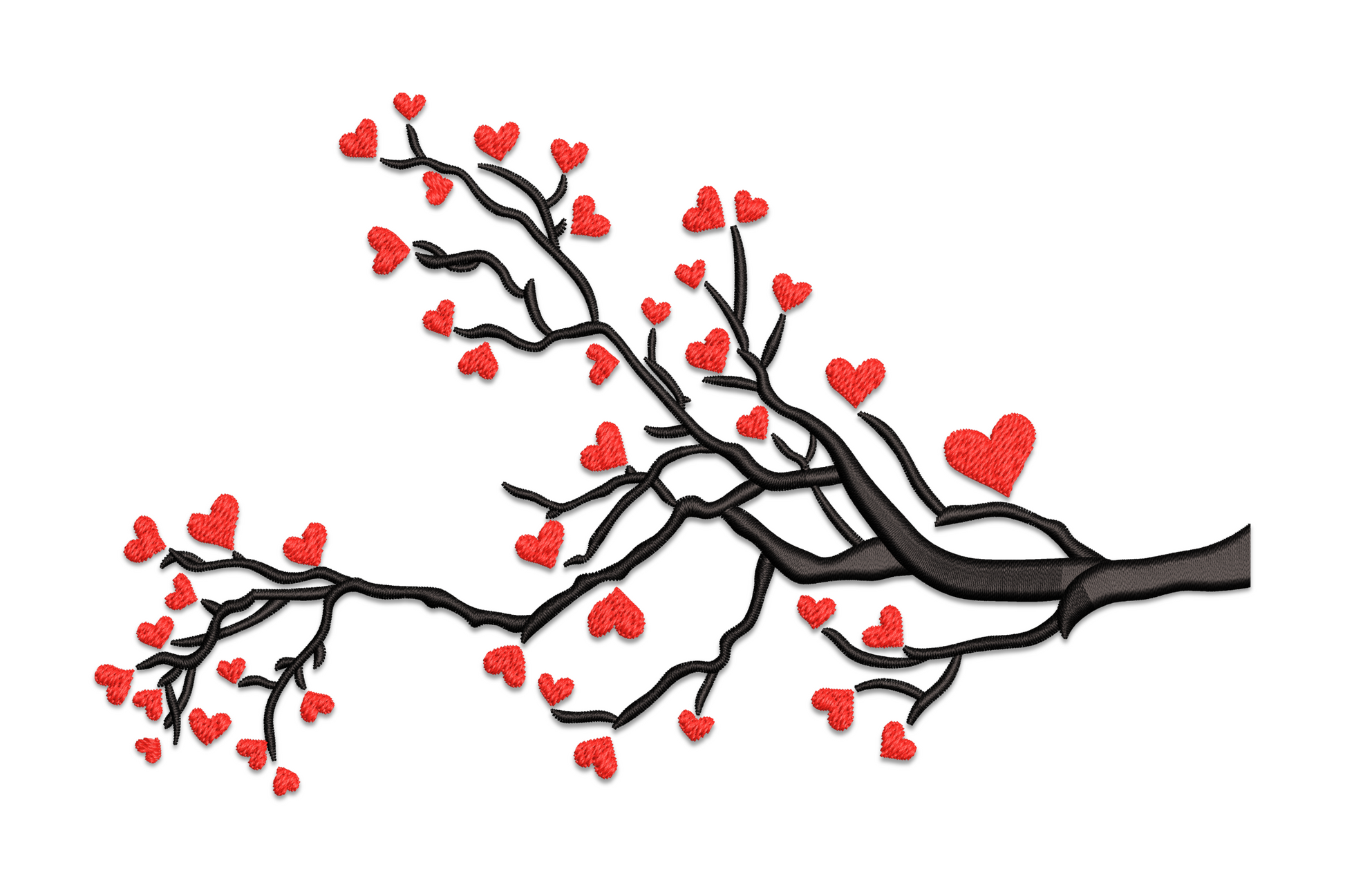Heart blossom tree branch embroidery design, black satin branch with red heart blossoms at each twig tip.