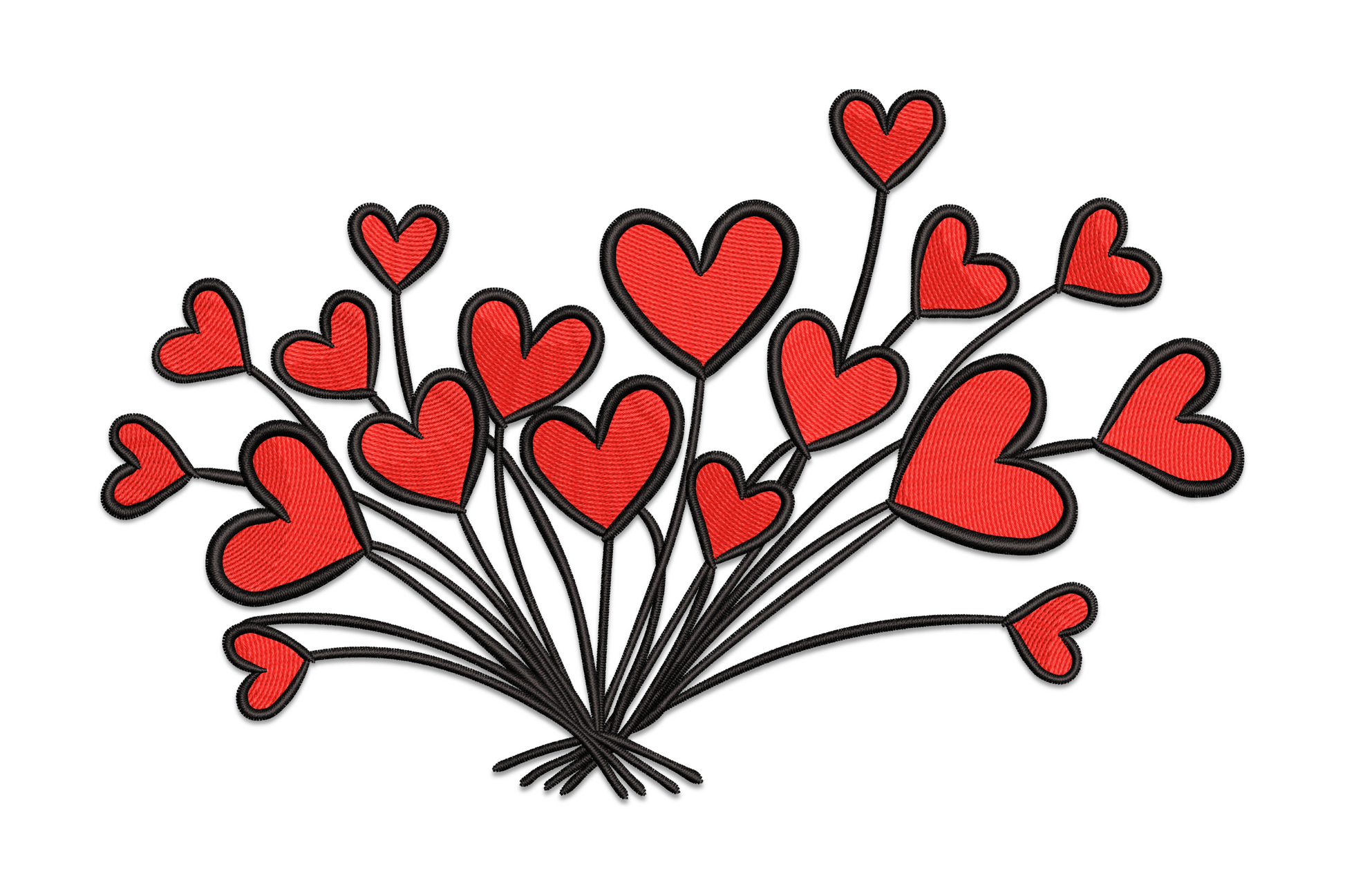 Valentine embroidery design with a bouquet of thin black stems each topped with a solid red heart of varied sizes