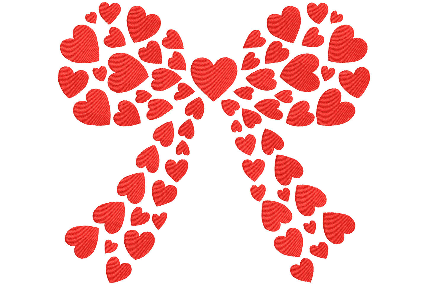 Heart bow embroidery design made entirely from clustered red hearts of varying sizes, forming bow loops, centre knot and trailing tails in a single red colour.