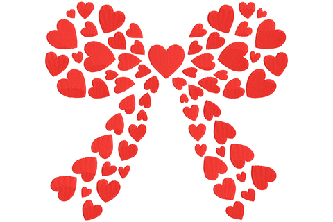 Heart bow embroidery design made entirely from clustered red hearts of varying sizes, forming bow loops, centre knot and trailing tails in a single red colour.
