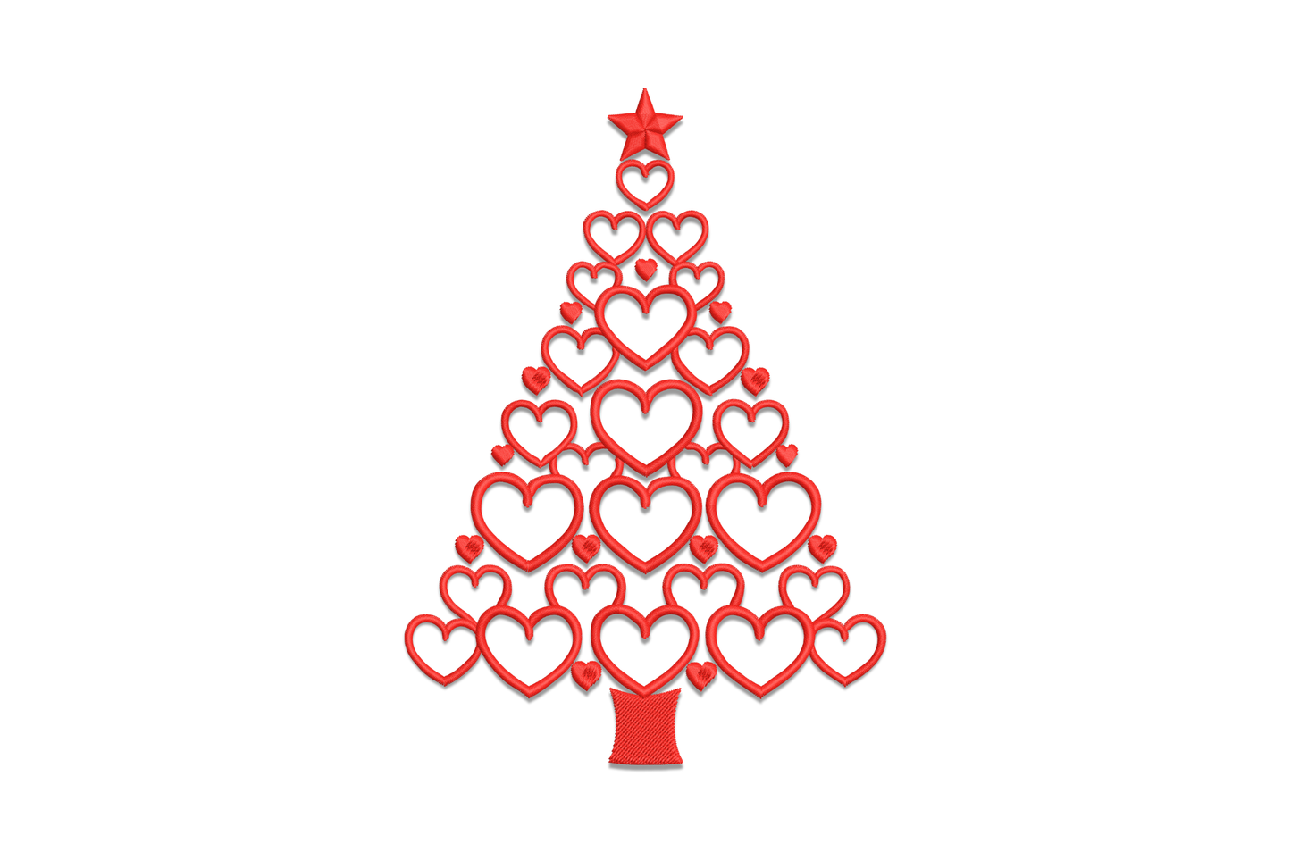Red embroidery design, Christmas tree made from stacked heart outlines, solid star on top, single red thread on white