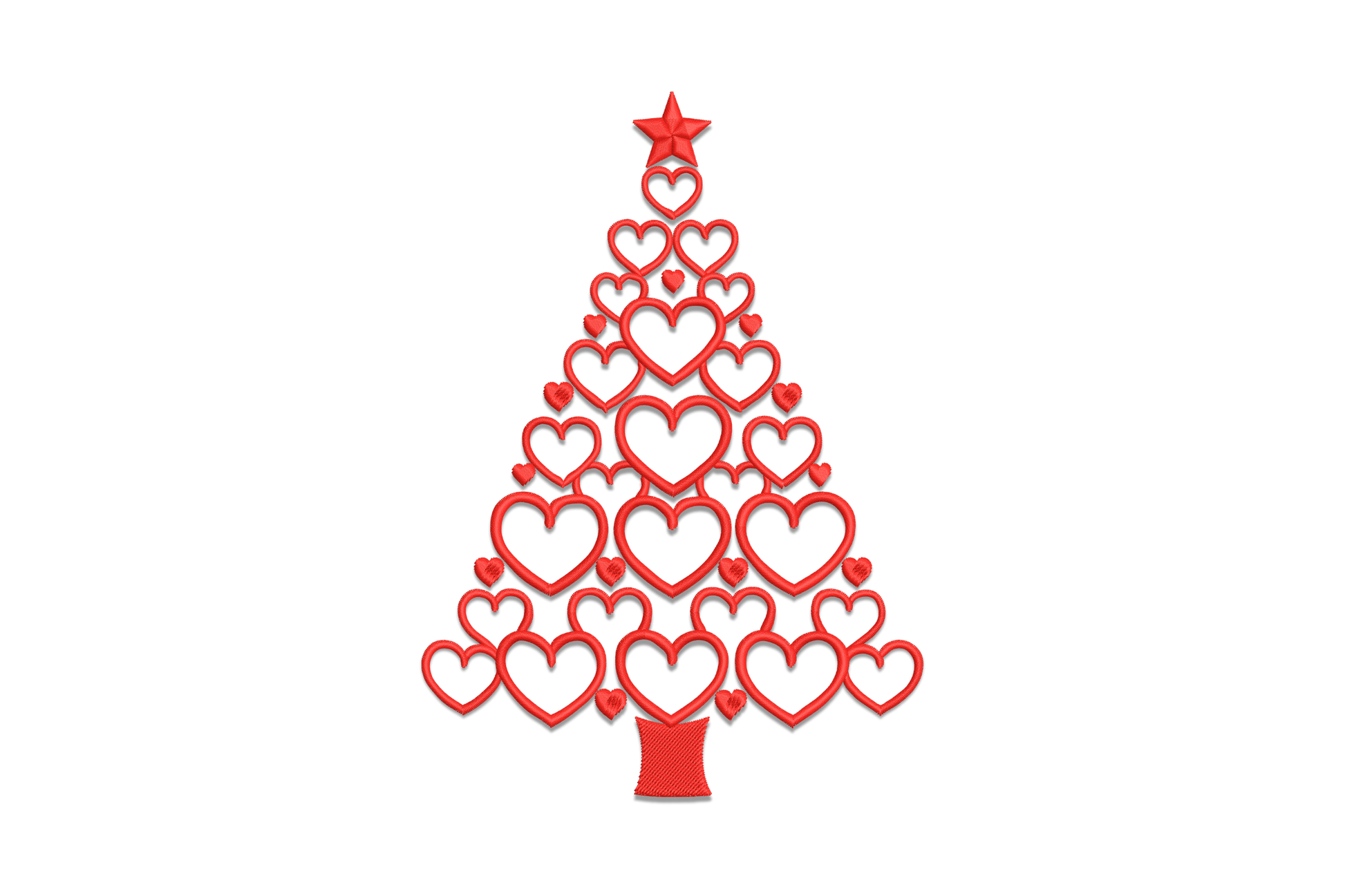 Red embroidery design, Christmas tree made from stacked heart outlines, solid star on top, single red thread on white