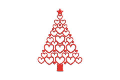 Red embroidery design, Christmas tree made from stacked heart outlines, solid star on top, single red thread on white