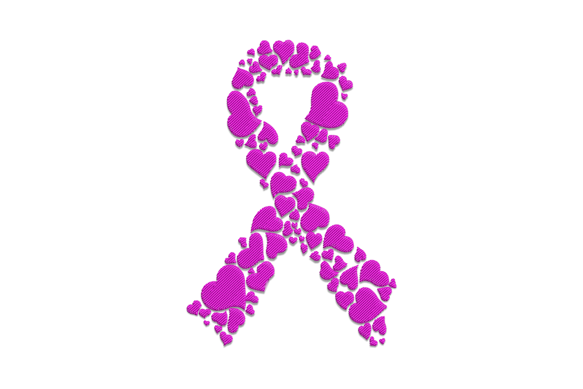 Awareness ribbon with floating heart cluster embroidery design, single colour satin fill, 5 sizes 2.6 to 7.5 inches