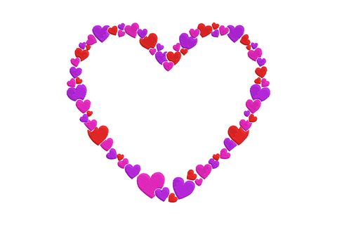 Heart cluster frame embroidery, heart shape built from packed mini hearts in red, magenta, and purple satin fills.