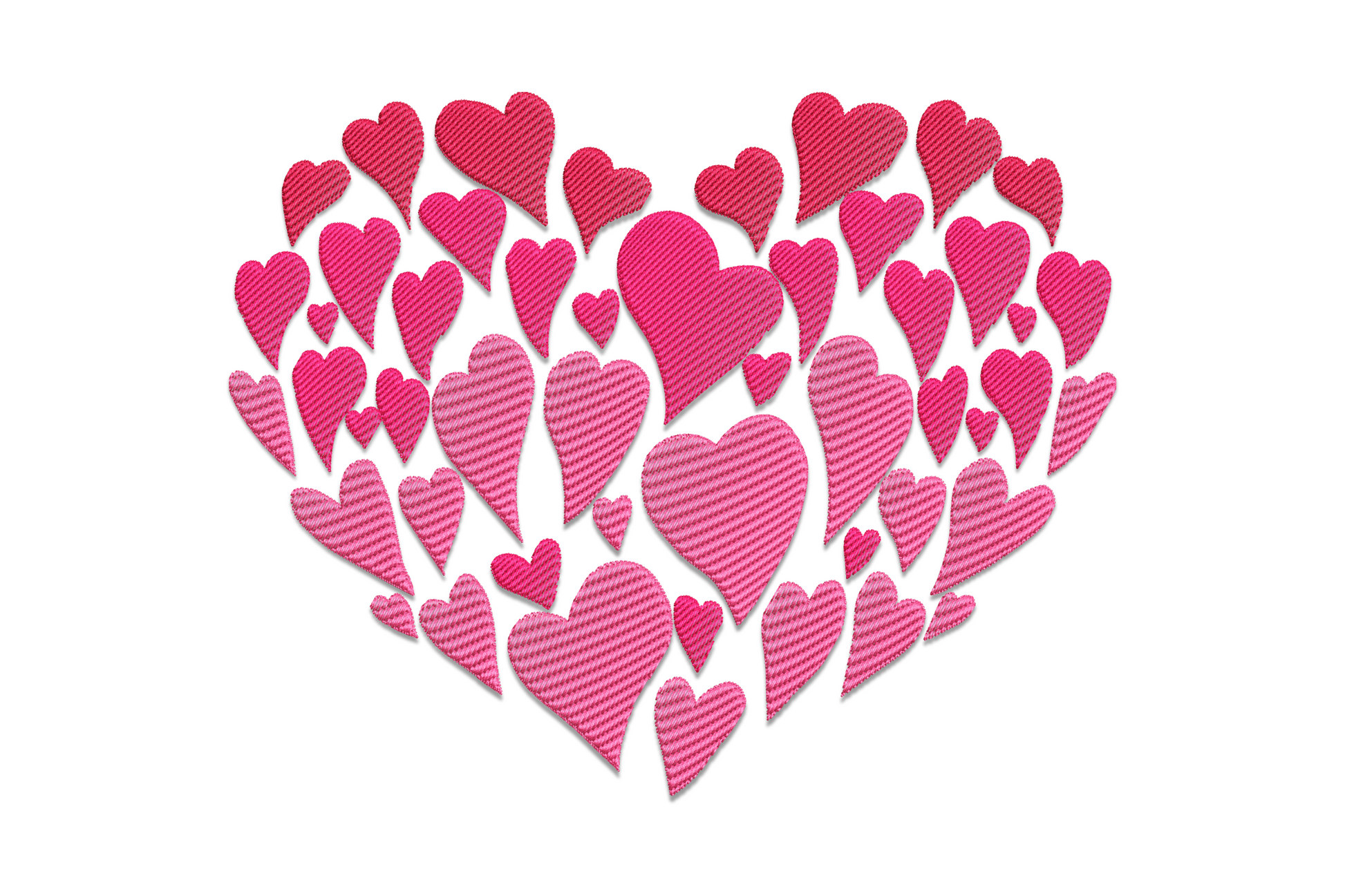Heart cluster valentine embroidery design, scattered small hearts in 3 colours, 6 sizes from 2 to 6 inches