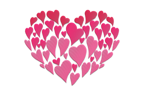 Heart cluster valentine embroidery design, scattered small hearts in 3 colours, 6 sizes from 2 to 6 inches