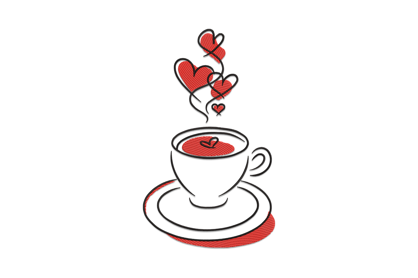 Heart coffee cup embroidery showing a round teacup on saucer with red hearts floating upward as steam, black outline cartoon style.