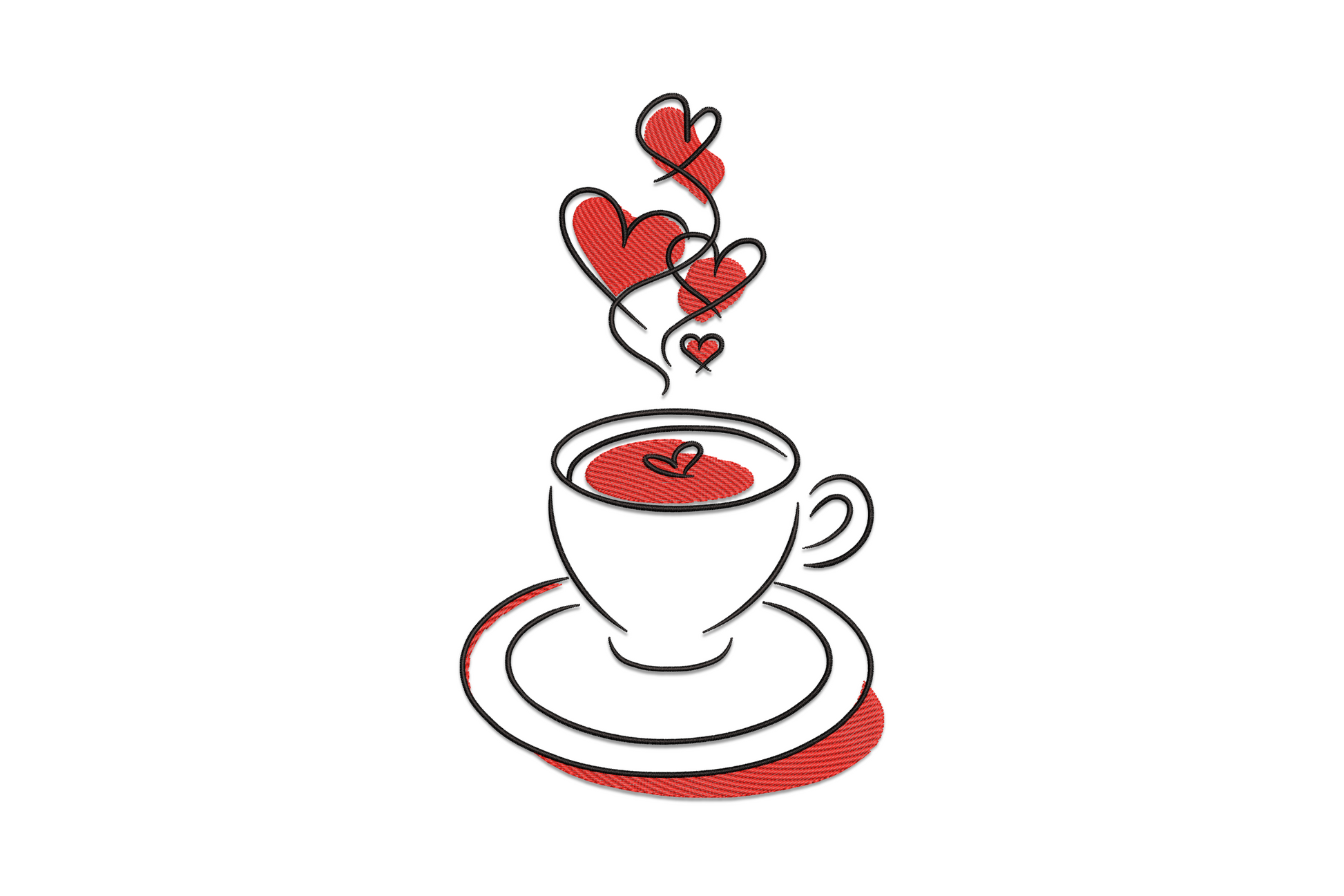 Heart coffee cup embroidery showing a round teacup on saucer with red hearts floating upward as steam, black outline cartoon style.