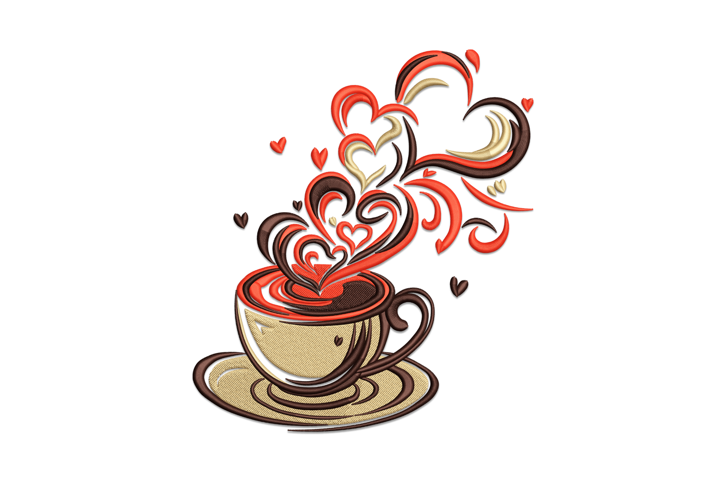 Machine embroidery design of a cream coffee cup with three burgundy hearts floating above the rim, warm brown outline, cosy kitchen style
