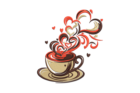 Machine embroidery design of a cream coffee cup with three burgundy hearts floating above the rim, warm brown outline, cosy kitchen style