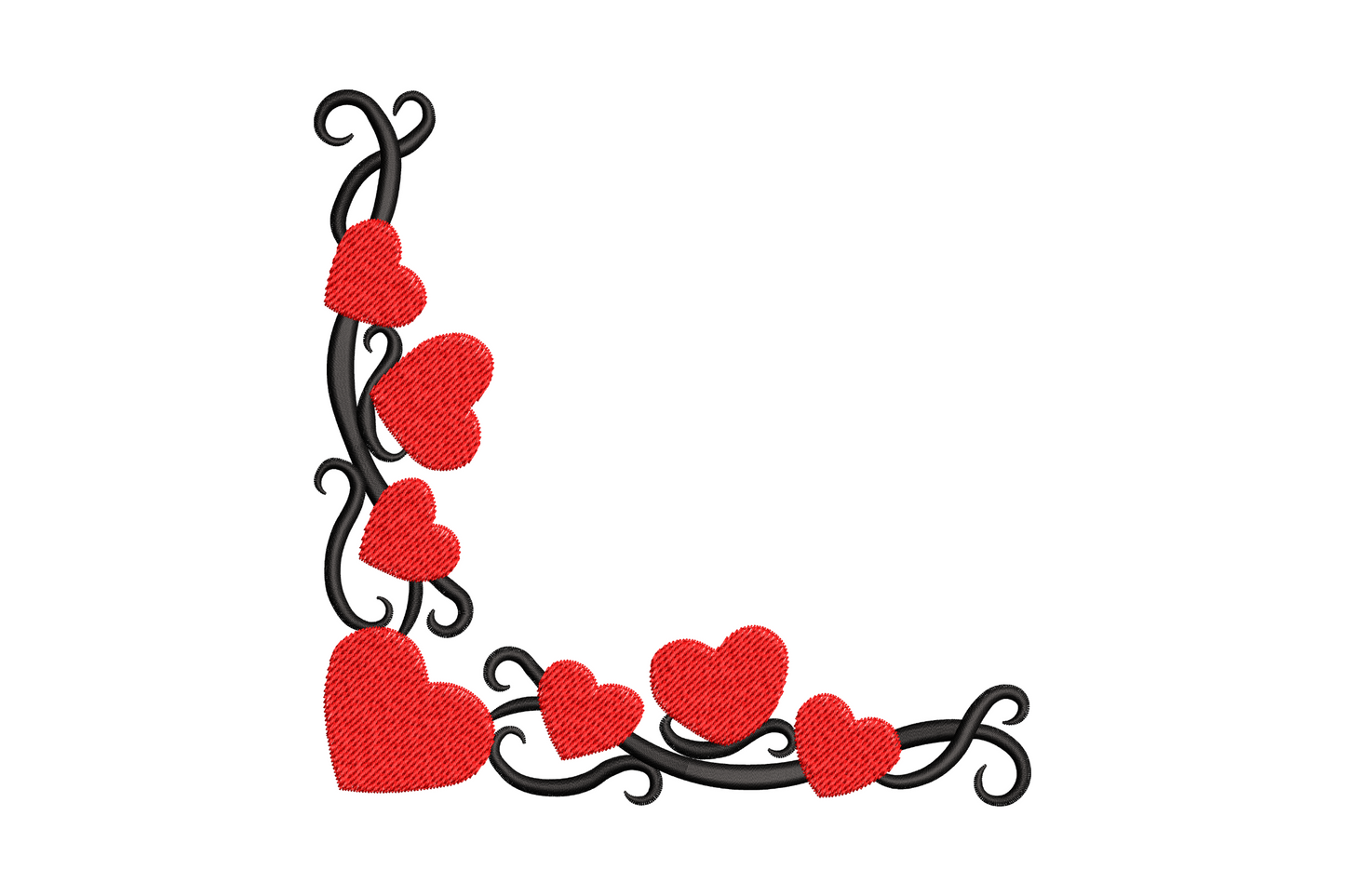 Heart corner frame embroidery design, red satin hearts on black scroll vine in romantic L-shape corner