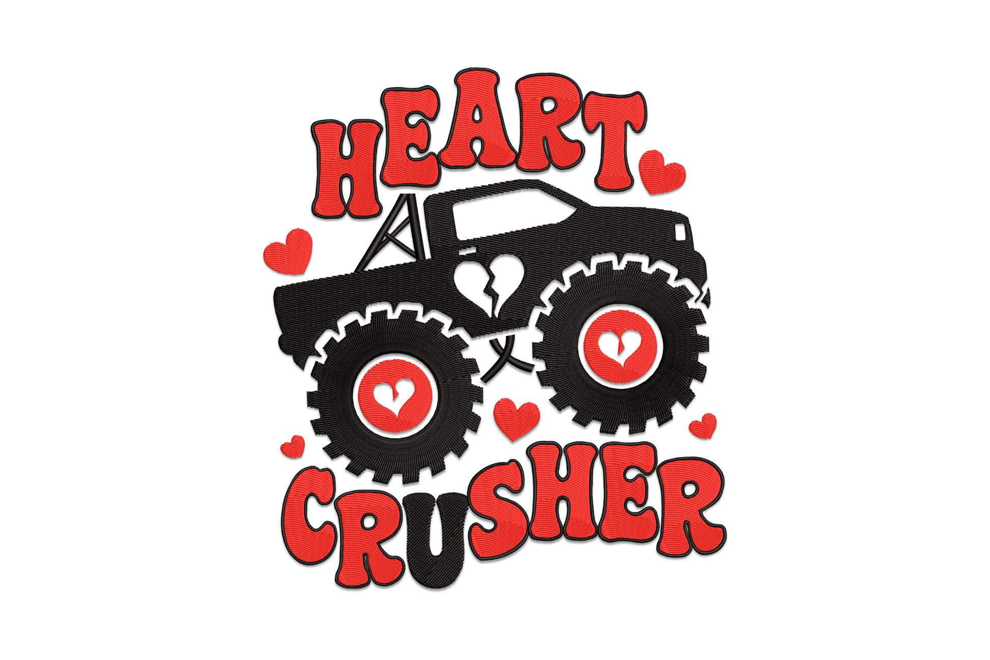 Monster truck embroidery, black vehicle with knobby tyres crushing a red heart underneath, two-colour design on white fabric