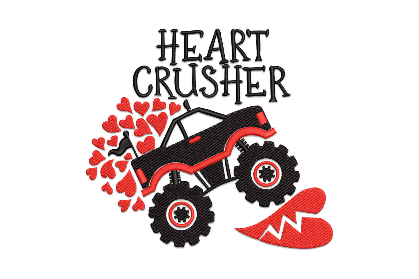 Monster truck driving over crushed hearts valentine embroidery for boys, bold cartoon style with chunky wheels and red squashed hearts, kids valentines design