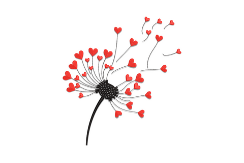 Heart dandelion embroidery, black stalk, seed pod, stems tipped with red hearts, three hearts floating free to upper right.