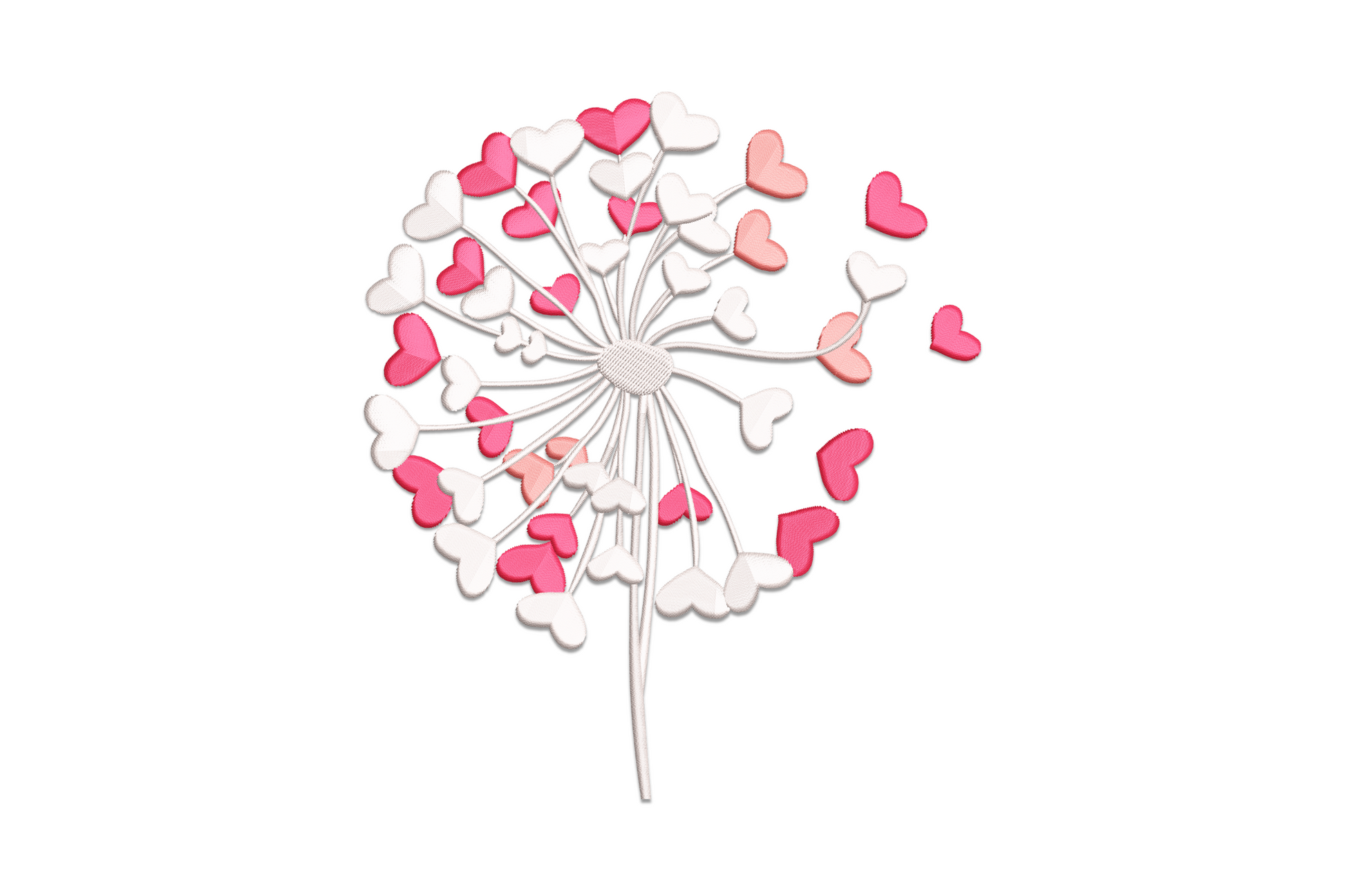 Dandelion stem blowing tiny hearts on fine stalks into the air, delicate botanical valentine embroidery in sage green and soft red on cream fabric