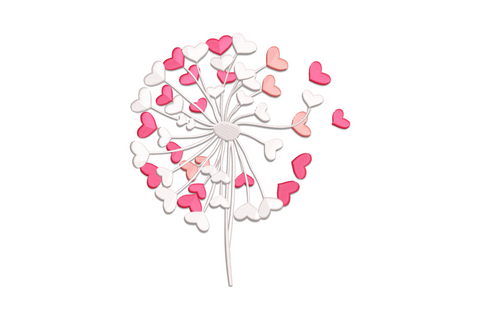 Dandelion stem blowing tiny hearts on fine stalks into the air, delicate botanical valentine embroidery in sage green and soft red on cream fabric