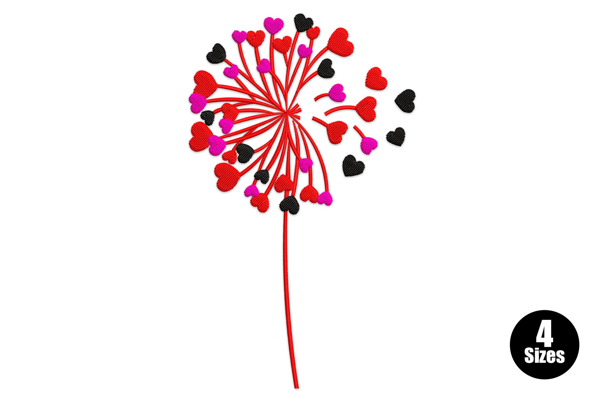 Heart dandelion embroidery design, dandelion seedhead with red black and hot pink heart seeds on long stem, 3 colours