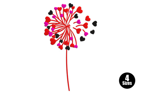 Heart dandelion embroidery design, dandelion seedhead with red black and hot pink heart seeds on long stem, 3 colours