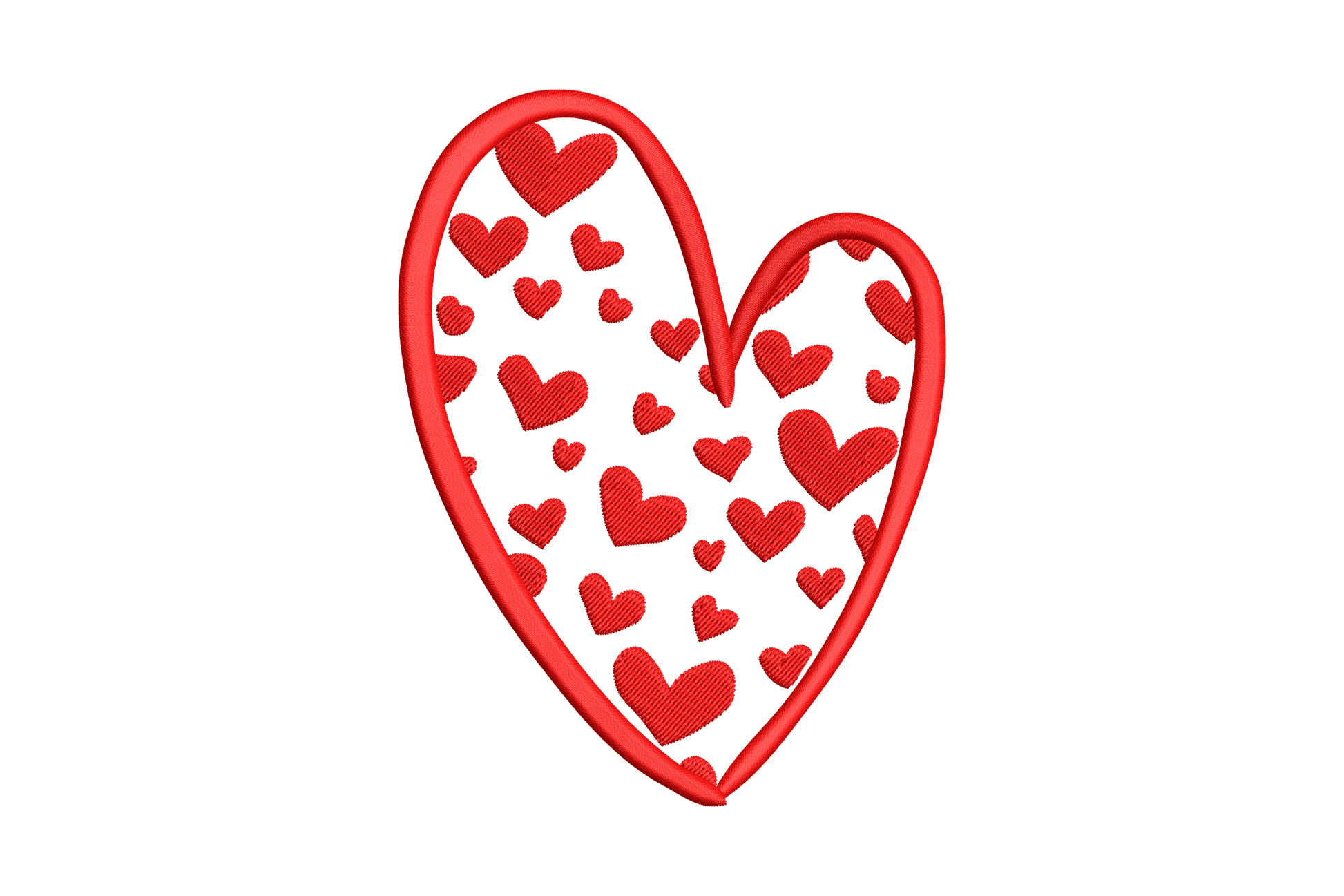 Heart filled with mini hearts machine embroidery design, single colour satin outline, 4 sizes from 2.51 to 5.51 inches
