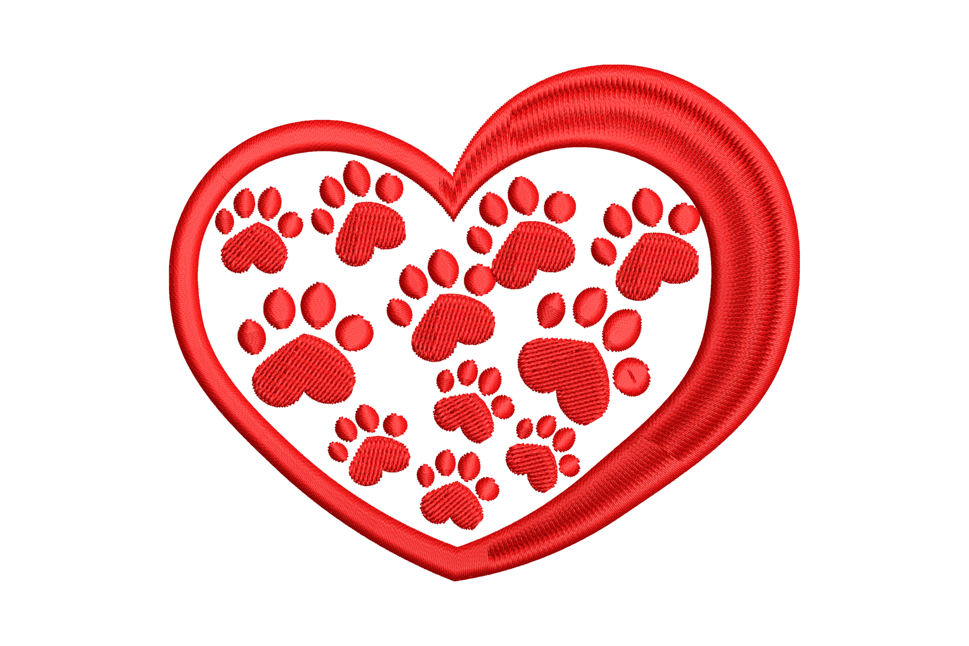 Red heart filled completely with small paw prints in dense red satin, thick outer border, rich valentine pet love embroidery