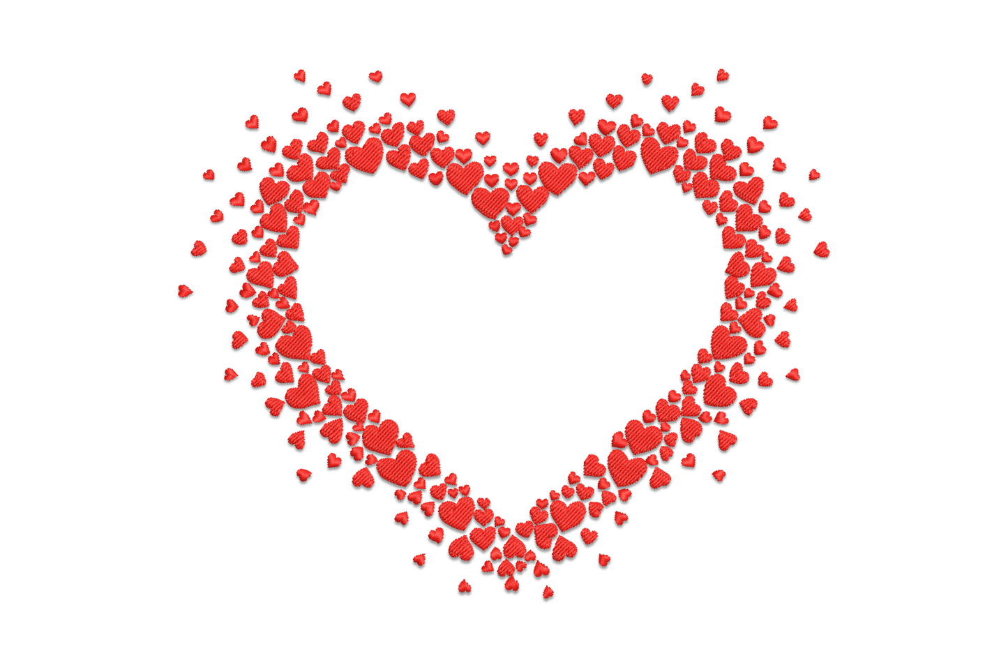 Heart frame embroidery design made from clusters of tiny red hearts forming a large heart wreath outline on white fabric.
