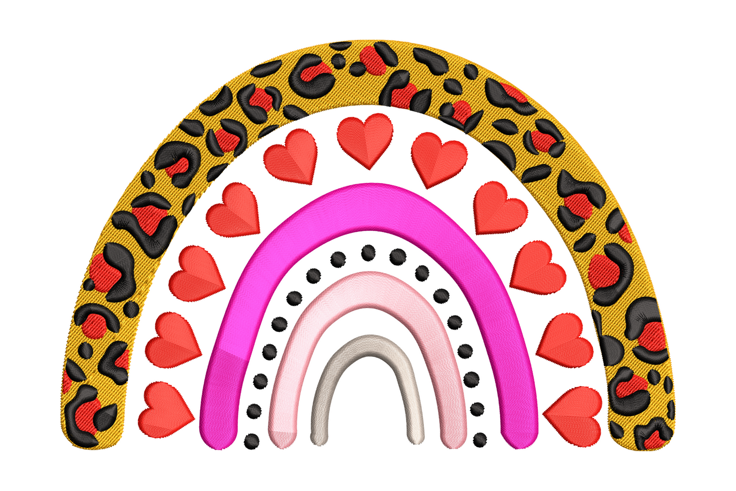 Heart leopard rainbow embroidery design, amber leopard outer band, red hearts, hot pink blush grey satin arcs, 6 colours