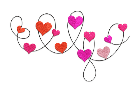 Heart line valentine embroidery design with flowing black vine and scattered red, pink and coral hearts in five sizes.