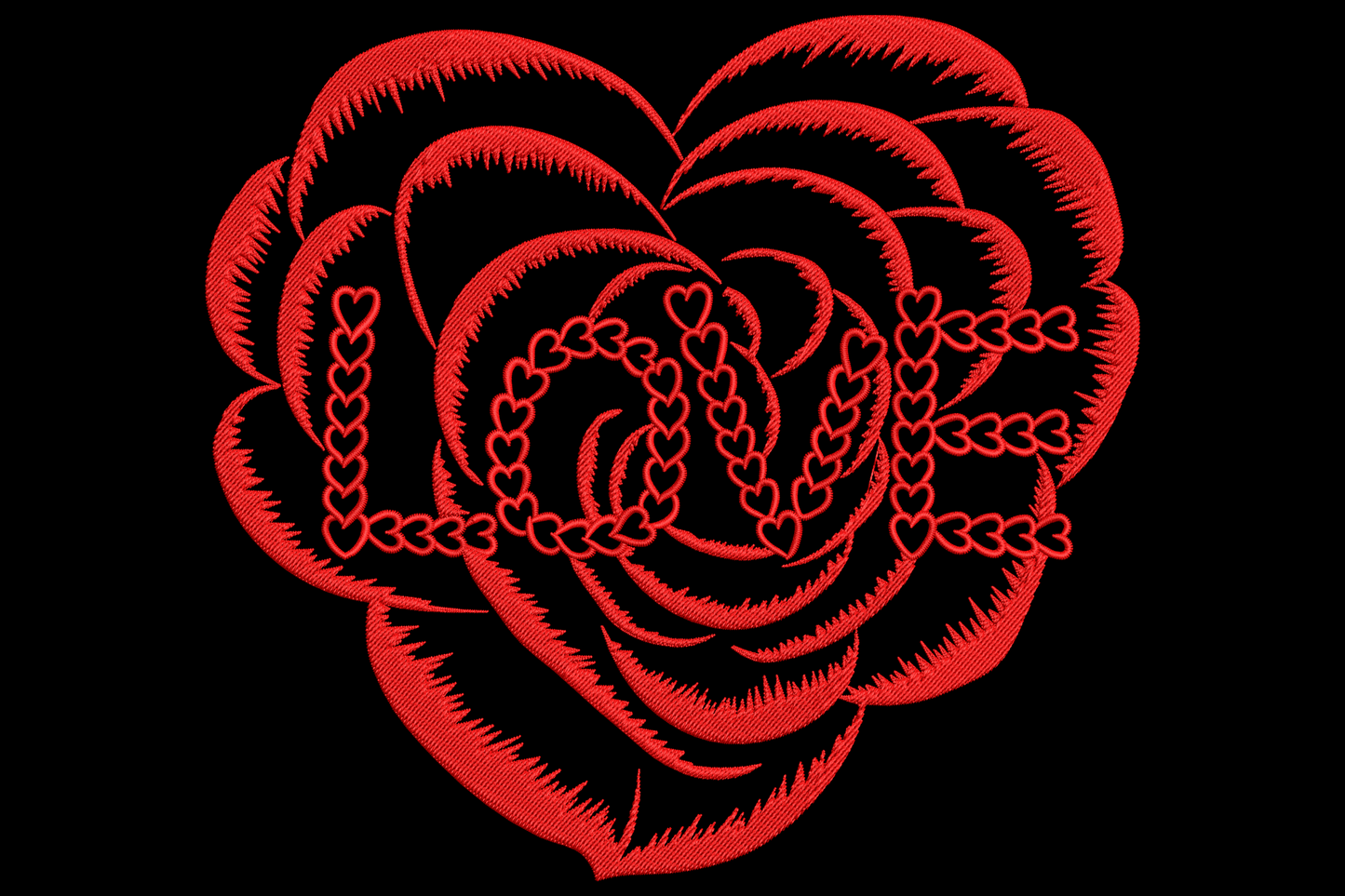 Heart shaped like layered red rose with LOVE letters built from chained tiny hearts in single cherry red thread embroidery