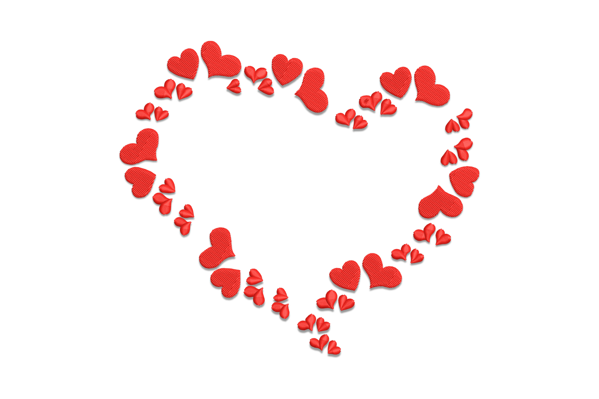 Heart made of small hearts embroidery design, satin-stitched in red thread, 5 sizes from 3 to 6.5 inches