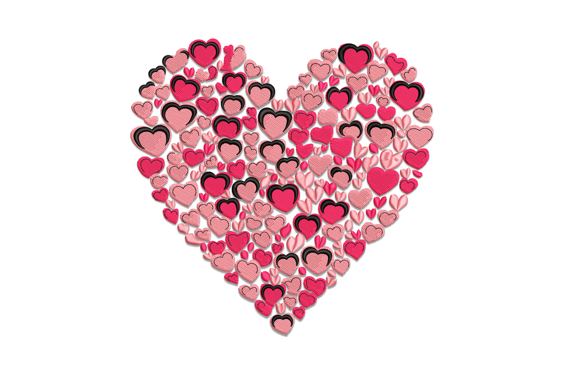 Heart mosaic valentine embroidery design with crimson and pink hearts packed into a large heart silhouette