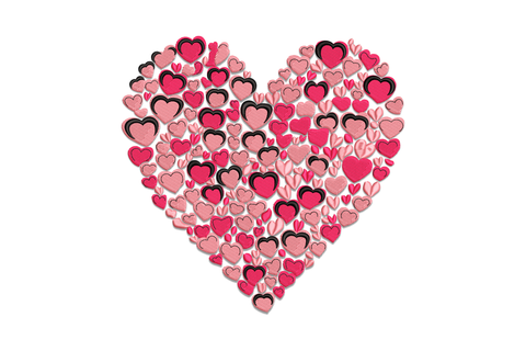 Heart mosaic valentine embroidery design with crimson and pink hearts packed into a large heart silhouette