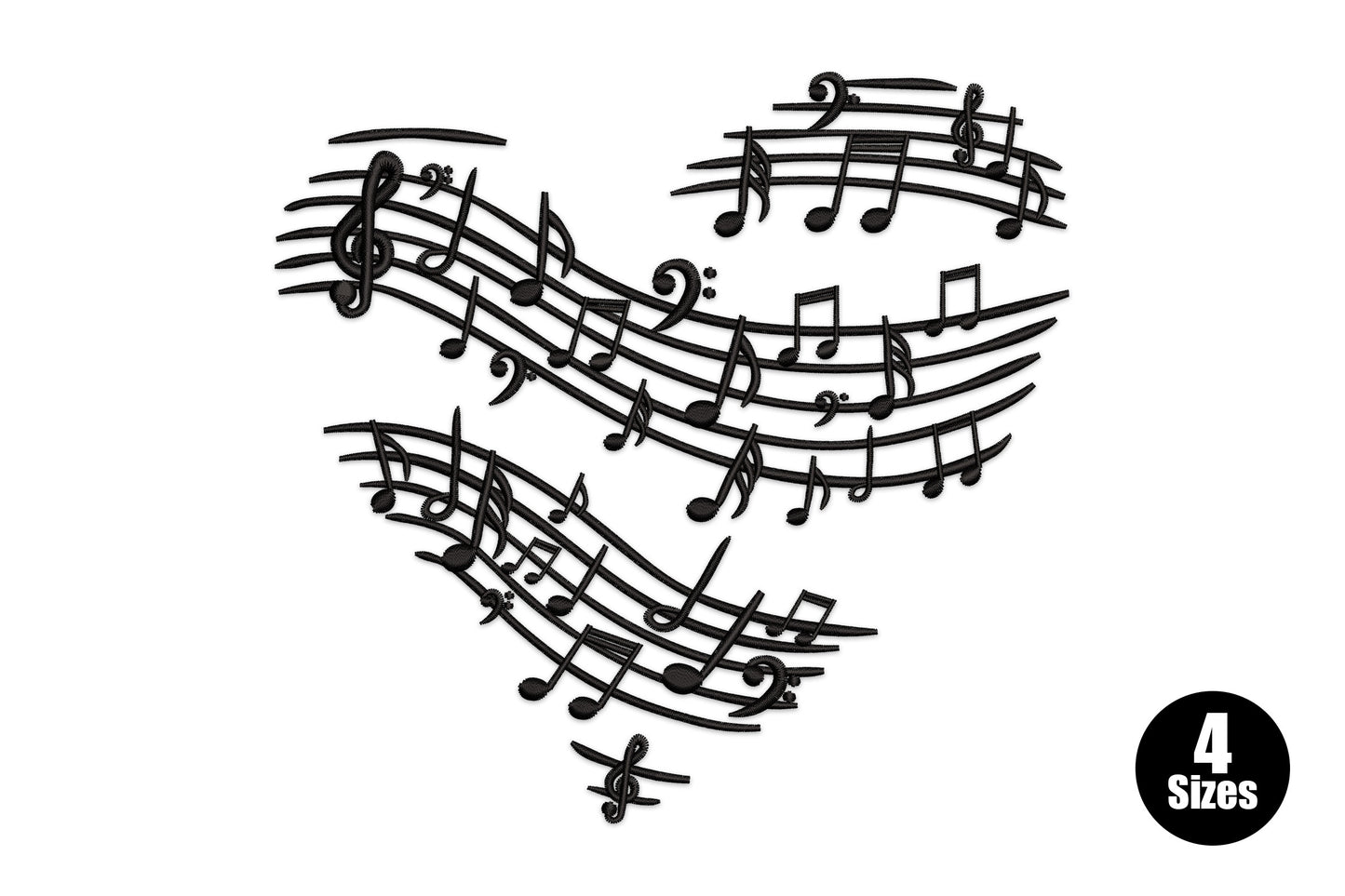 Heart music notes machine embroidery design, heart made of musical staves and treble clefs, black thread, 4 sizes 4-7 inch