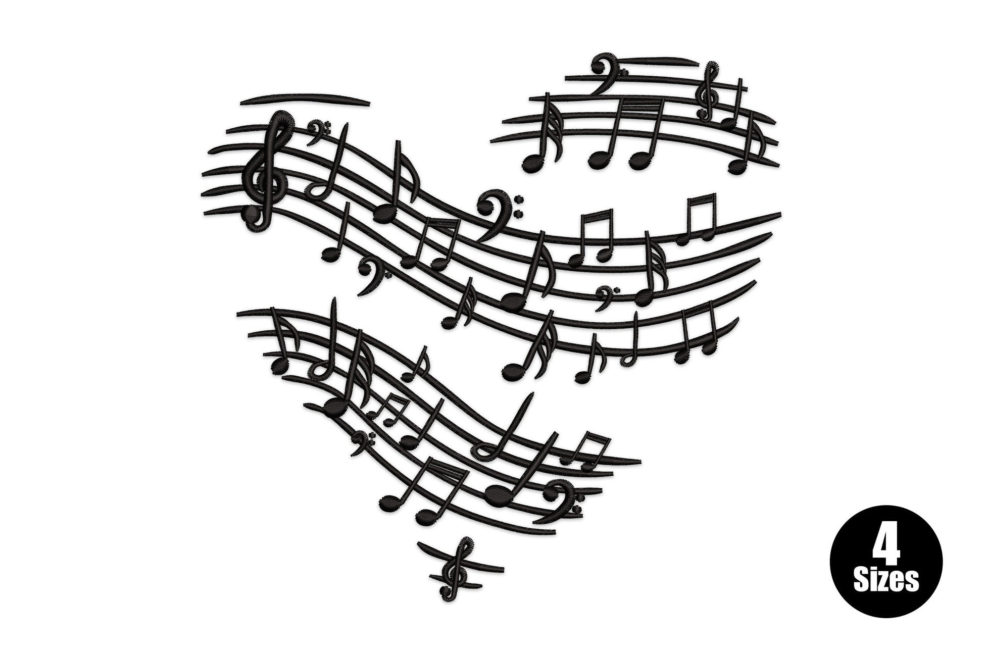 Heart music notes machine embroidery design, heart made of musical staves and treble clefs, black thread, 4 sizes 4-7 inch