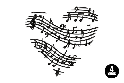 Heart music notes machine embroidery design, heart made of musical staves and treble clefs, black thread, 4 sizes 4-7 inch