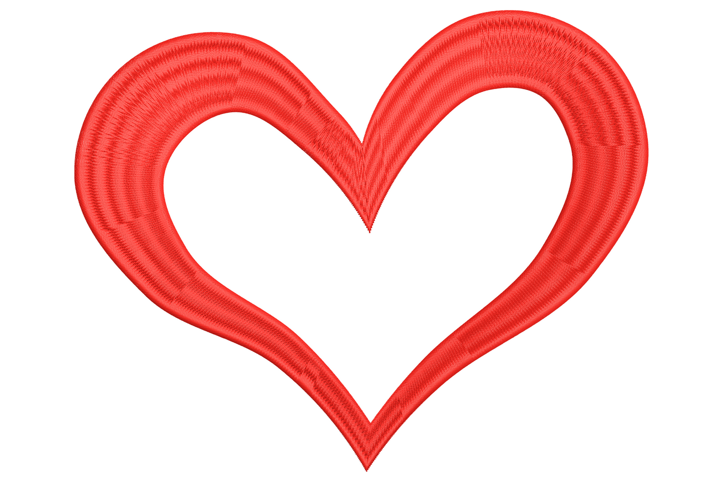 Classic symmetric red heart outline embroidery design with smooth even satin stitched silhouette and clean rounded humps