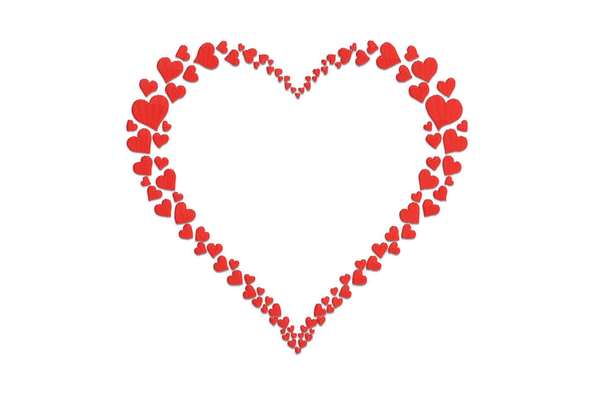 Machine embroidery design of a large heart outline formed by rows of tiny individual hearts in single color, mosaic style valentine design