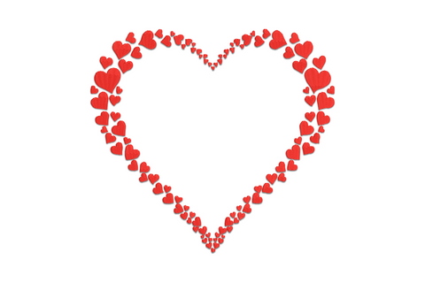Machine embroidery design of a large heart outline formed by rows of tiny individual hearts in single color, mosaic style valentine design