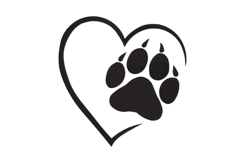 Heart outline paw print embroidery, single colour open satin border, paw inside heart, 3.43 to 7.34 inch sizes