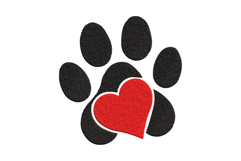 Heart-shaped paw print embroidery design with toe beans forming the upper lobes, dark fill on white, 4 sizes from 1.51 to 4.51 inches wide