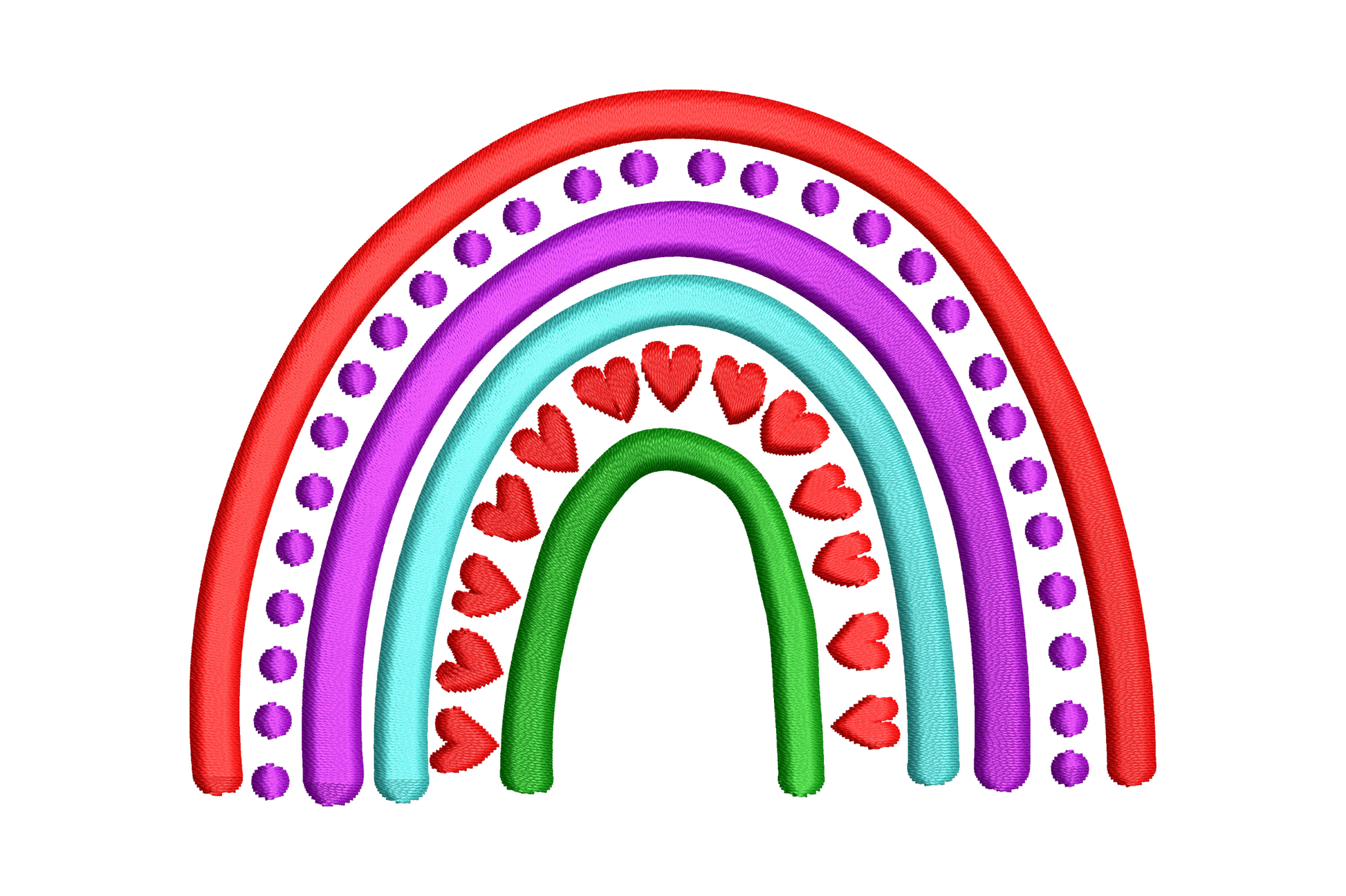 Heart rainbow embroidery design, concentric arch bands of tiny hearts and dots in red, purple, aqua and dark green, 4 colours, sweet nursery style