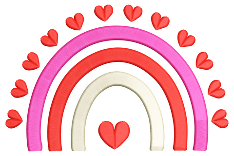 Rainbow arch embroidery with cream, pink and red bands and small hearts along the outer edge, valentines design, 3 colours.